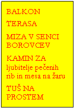 Polje z besedilom: BALKON
TERASA
MIZA V SENCI BOROVCEV
KAMIN ZA ljubitelje pe�enih rib in mesa na �aru
TU� NA PROSTEM
